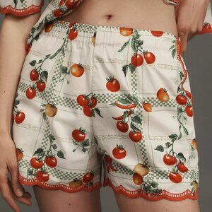 Maeve Veggie Bloom Embroidered Scallop-Hem Shorts